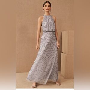 Adriana Papell Women’s Halter Art Deco beaded blousen dress, bridal silver/fog